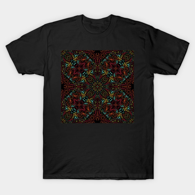 Blue and red abstract flourish seamless kaleidoscope black background T-Shirt by Magic, Art, Patterns, Beauty!